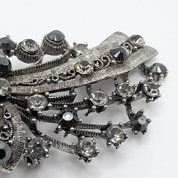 Vintage Gray Silver Black Rhinestone Brooch Pendant, 2 3/4 Inches - Picture 8 of 12
